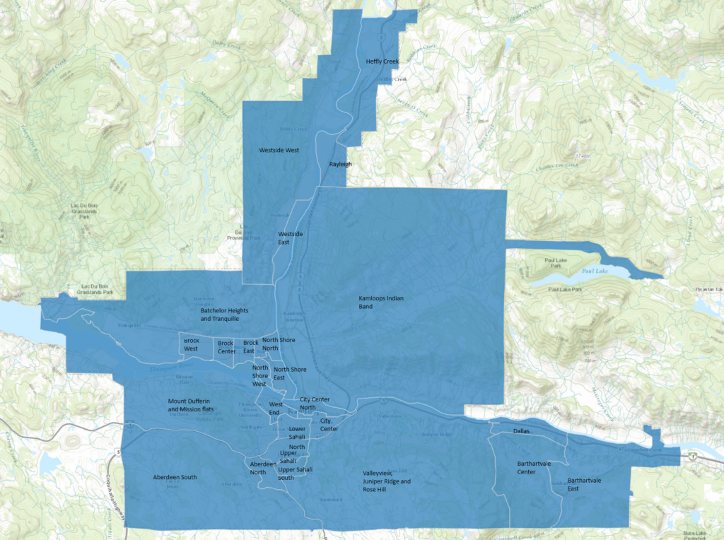 A map dividing the city of Kamloops into its 25 neighbourhoods.